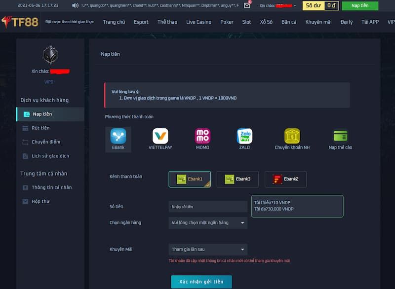 Nạp tiền vào TF88